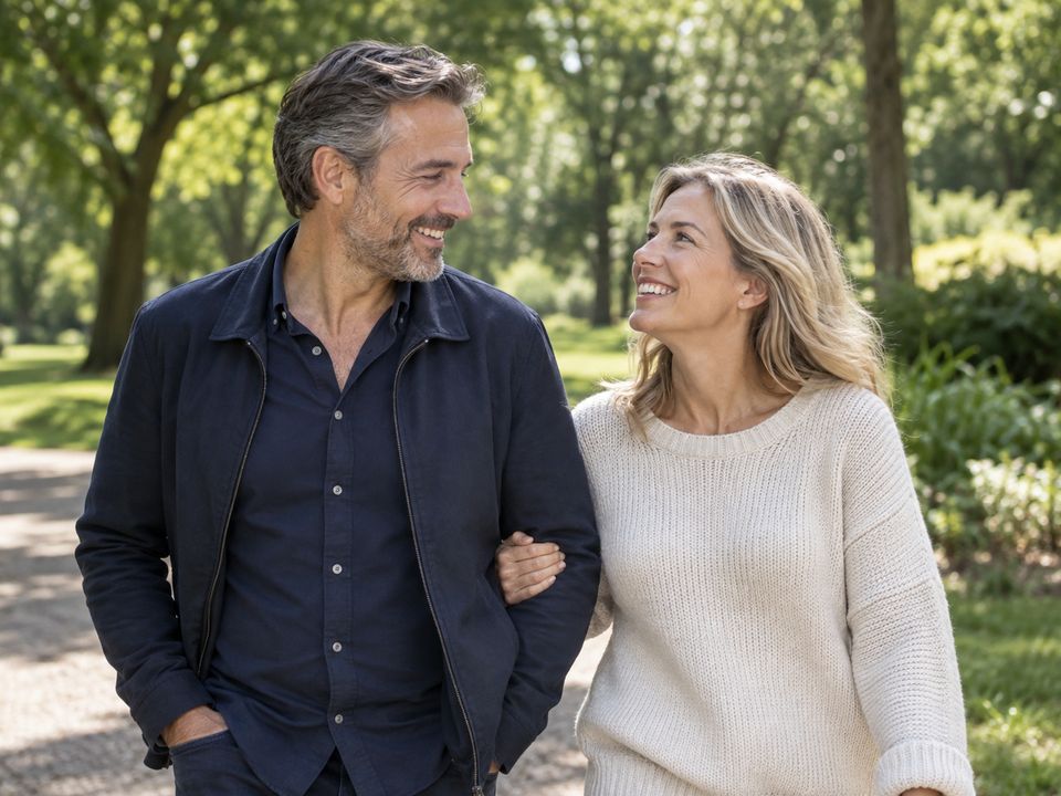 A couple enjoying a walk together in a green park